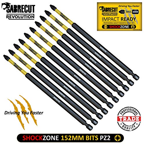 SabreCut SCPZ2152_10 PZ2 - Juego de 10 puntas de destornillador de impacto magnéticas Pozi Pozidrive para Dewalt Milwaukee Bosch Makita y más