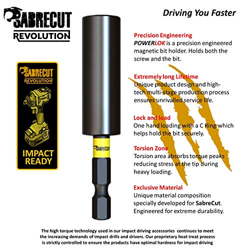 SabreCut SCRK1 - Juego de 4 soportes magnéticos para puntas de impacto profesionales de 60 mm y 152 mm con 2 puntas de destornillador PZ2 de 32 mm para Dewalt, Milwaukee, Makita, Bosch y otros