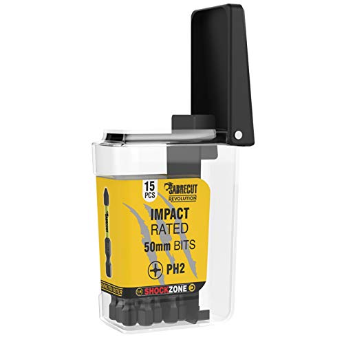 SabreCut SCRPH25015B - Juego de 15 puntas de destornillador de impacto magnético PH2 de 50 mm en una caja de TAC de un extremo Phillips resistente para Dewalt Milwaukee Bosch Makita y otros