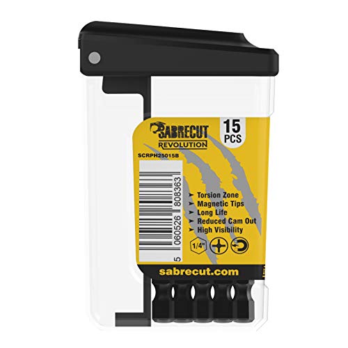 SabreCut SCRPH25015B - Juego de 15 puntas de destornillador de impacto magnético PH2 de 50 mm en una caja de TAC de un extremo Phillips resistente para Dewalt Milwaukee Bosch Makita y otros