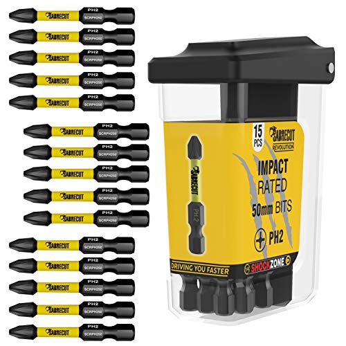 SabreCut SCRPH25015B - Juego de 15 puntas de destornillador de impacto magnético PH2 de 50 mm en una caja de TAC de un extremo Phillips resistente para Dewalt Milwaukee Bosch Makita y otros