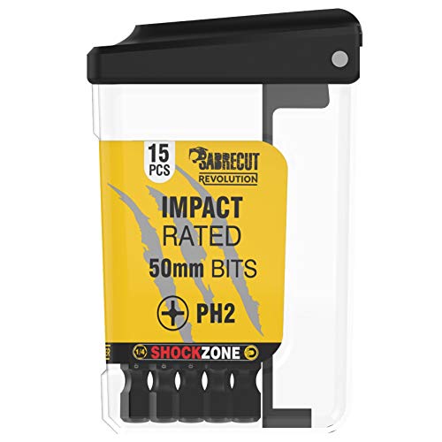 SabreCut SCRPH25015B - Juego de 15 puntas de destornillador de impacto magnético PH2 de 50 mm en una caja de TAC de un extremo Phillips resistente para Dewalt Milwaukee Bosch Makita y otros