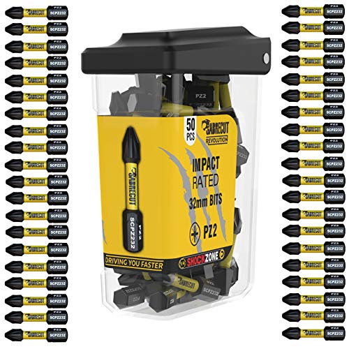 SabreCut SCRPZ23250B - Juego de 50 puntas de destornillador de impacto magnético, 32 mm, PZ2, Pozi Pozidrive, resistentes, para Dewalt Milwaukee Bosch Makita y otros