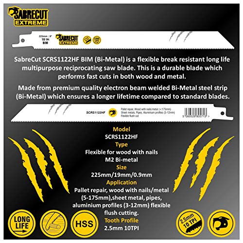 SabreCut SCRS1122HF_3 - Juego de 3 hojas de sierra de sable para Bosch Dewalt Makita y muchos otros (225 mm, 10 TPI S1122HF)