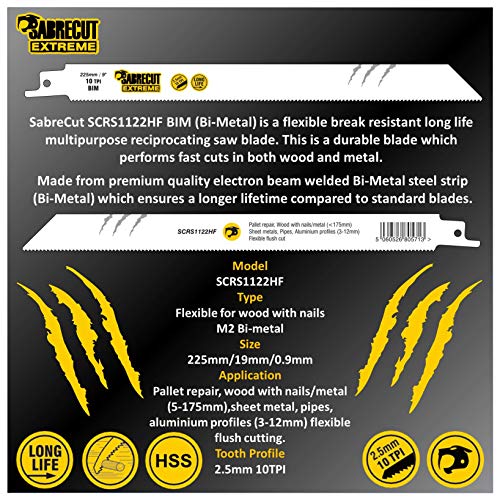SabreCut SCRS1122HF_3 - Juego de 3 hojas de sierra de sable para Bosch Dewalt Makita y muchos otros (225 mm, 10 TPI S1122HF)