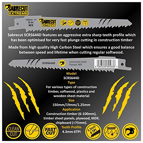 SabreCut SCRSKW3 - Juego de 3 hojas de sierra de sable para Bosch Dewalt Makita y muchos otros modelos (S644D S1531L S2345X, corte rápido de madera)