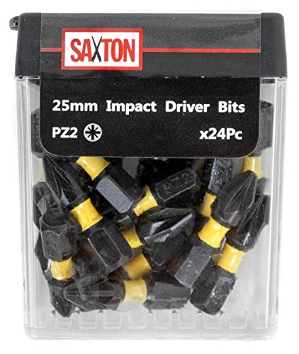 Saxton - Juego de brocas para destornillador de impacto (24 unidades, PZ2-25 mm, caja Tic Tac compatible con Dewalt Milwaukee Bosch