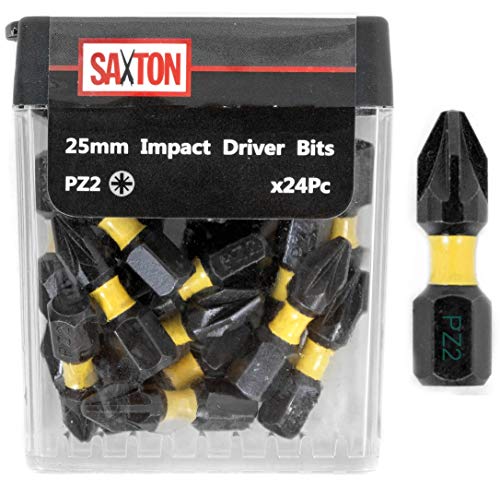 Saxton - Juego de brocas para destornillador de impacto (24 unidades, PZ2-25 mm, caja Tic Tac compatible con Dewalt Milwaukee Bosch