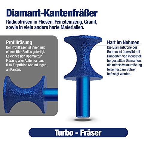 SEDION ® Diamante Abrundfäser 35 mm x R15 – para redondear azulejos duros, Feinsteinzeug, granito, mármol, etc. – Radiusfräser Sedion Premium Calidad Kantenfräser para taladros – Profilfräser R 15