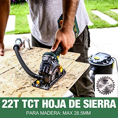 Sierra Circular 18V, TECCPO Mini Sierra Circular 4.0Ah Batería, 1h Cargador Rápido, Luz láser, Corte a 90°, 3 Hojas Ø89mm para Madera, Metal, Azulejos, con Maletín Resistente -TDMS23P