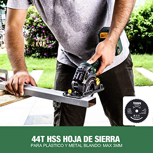 Sierra Circular 18V, TECCPO Mini Sierra Circular 4.0Ah Batería, 1h Cargador Rápido, Luz láser, Corte a 90°, 3 Hojas Ø89mm para Madera, Metal, Azulejos, con Maletín Resistente -TDMS23P