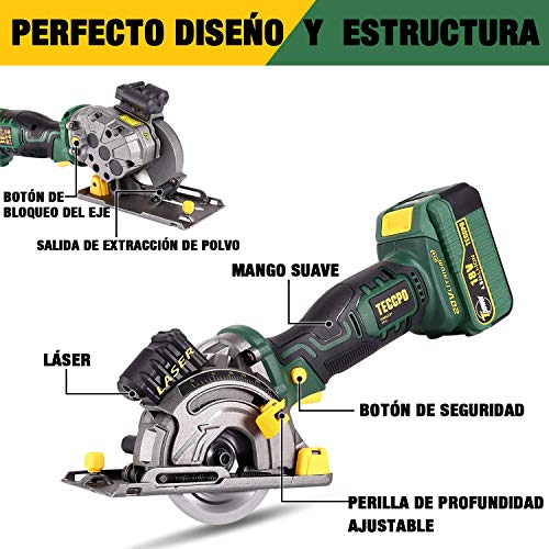 Sierra Circular 18V, TECCPO Mini Sierra Circular 4.0Ah Batería, 1h Cargador Rápido, Luz láser, Corte a 90°, 3 Hojas Ø89mm para Madera, Metal, Azulejos, con Maletín Resistente -TDMS23P