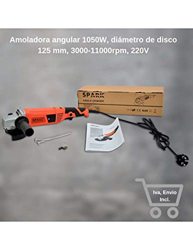 Spark - Amoladora angular 1050W, diámetro de disco 125 mm, 3000 - 11000rpm velocidad variable, 220V, mango auxiliar regulable - AG/AGD-1050