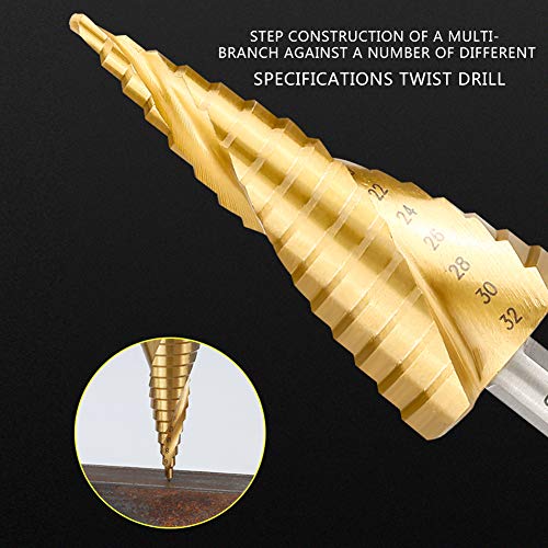 Spiral Grooved Step Drill Bit Set, 3Pcs High Speed Steel Titanium Coated Spiral Grooved Step Drill Bit Hole Cutter Power Tools for Wood, Metal, Stainless Steel,with HSS Center Punch with Rubber Cap