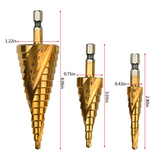 Spiral Grooved Step Drill Bit Set, 3Pcs High Speed Steel Titanium Coated Spiral Grooved Step Drill Bit Hole Cutter Power Tools for Wood, Metal, Stainless Steel,with HSS Center Punch with Rubber Cap