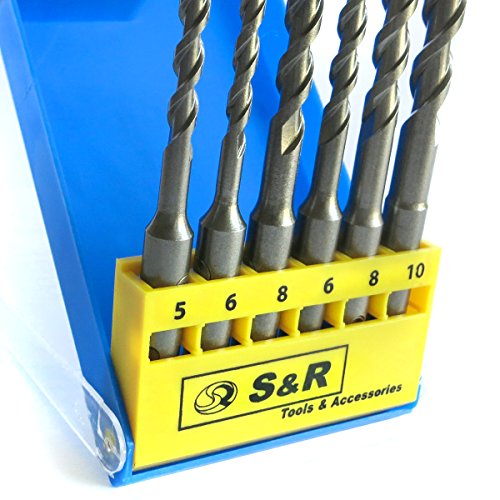 S&R Brocas SDS Plus Pared Hormigón, Juego Brocas SDS Plus 6 piezas: 5,6,8 x 110mm; 6, 8, 10 x 160 mm para el hormigón, el granito, Piedra. En caja de plástico