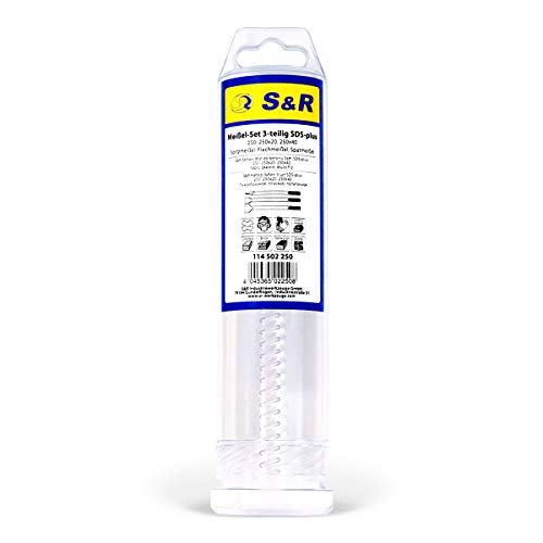 S&R Cincel SDS Plus / Juego de 3 Cinceles: cincel plano 14x250x20, cincel a pala 14x250x40, cincel 14x250mm, Linea Meister