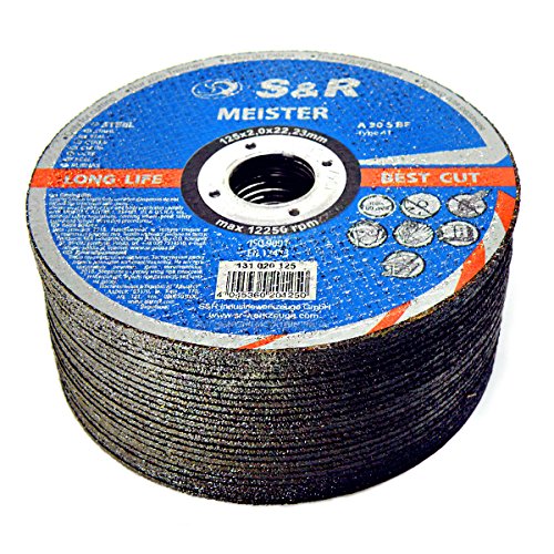 S&R Disco de corte 125 mm para Metal y Hierro 125 x2, 0x22, 23 mm A30 S-BF para uso profesional. Juego de 25 discos 125 metal para amoladora angular.