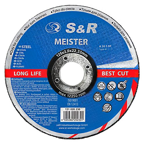 S&R Disco de corte 125 mm para Metal y Hierro 125 x2, 0x22, 23 mm A30 S-BF para uso profesional. Juego de 25 discos 125 metal para amoladora angular.