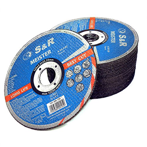 S&R Disco de corte 125 mm para Metal y Hierro 125 x2, 0x22, 23 mm A30 S-BF para uso profesional. Juego de 25 discos 125 metal para amoladora angular.