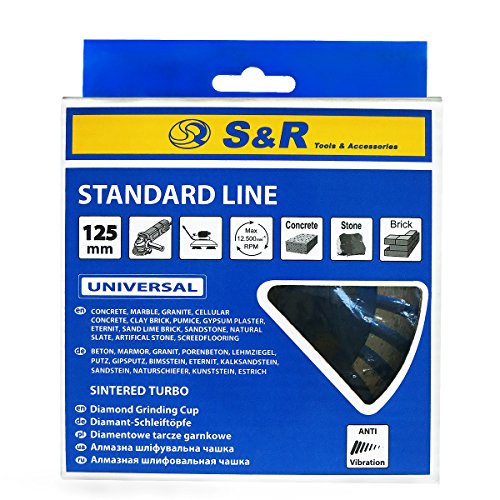 S&R Muela de copa Diamante 125 x22,2 mm x24, Rueda Disco de lijar diamantato 125 UNIVERSAL: hormigón, mármol, granito, piedra, ladrillo, mampostería, yeso.