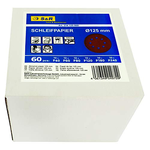 S&R Papel de Lija 60 Discos/Hojas 125 mm con Velcro. Grano cada 10 x 40/60/80/120/180/240 (60 pzs) 8 agujeros para Lijadora excéntrica