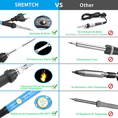 SREMTCH Soldadores de Estaño, 60W 220V Kit del Soldador de Temperatura Ajustable, 5pcs Puntas Diferentes, Soporte, Alambre de Soldadura para el Uso Diversamente Reparado