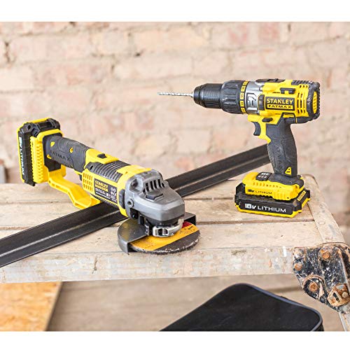 STANLEY FATMAX FMCK464D2-QW - Taladro percutor 18V y amoladora 125mm 18V con 2 baterías litio 2Ah y bolsa de transporte tapa plana