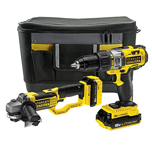 STANLEY FATMAX FMCK464D2-QW - Taladro percutor 18V y amoladora 125mm 18V con 2 baterías litio 2Ah y bolsa de transporte tapa plana