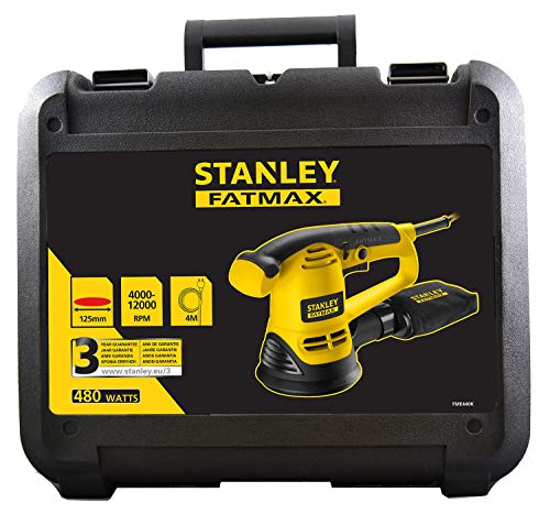 STANLEY FATMAX FME440K-QS - Lijadora rotorbital eléctrica 480W, Ø órbita 5mm, incluye maletín y 3 hojas de lijar