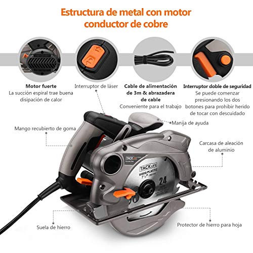 TACKLIFE 1500W 4700RPM Sierra Circular, Sierra Compatible Hoja: 185 y 190mm, Corte 63mm (90º), 45mm (45º), Protector de Aluminio, Motor de Cobre Puro, Cable de 3 Metros, Cortar Madera Metal PES01A