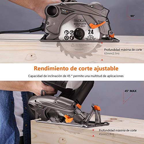 TACKLIFE 1500W 4700RPM Sierra Circular, Sierra Compatible Hoja: 185 y 190mm, Corte 63mm (90º), 45mm (45º), Protector de Aluminio, Motor de Cobre Puro, Cable de 3 Metros, Cortar Madera Metal PES01A