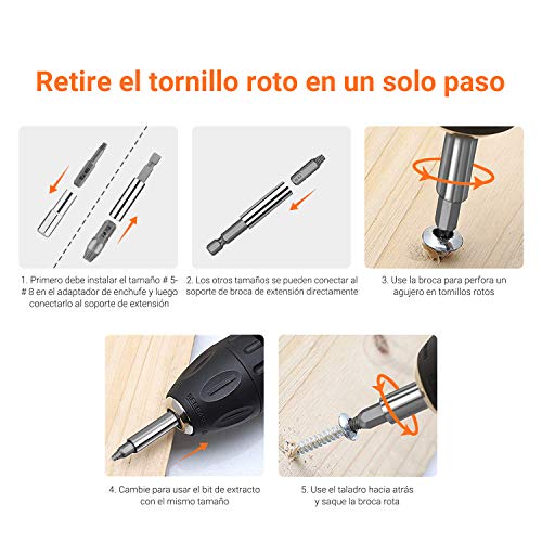 TACKLIFE 18PCS Extractor de Tornillos, Brazo Extensor para Broca Magnetizado y Adaptador para Tornillos y Pernos Dañados Desde 2mm hasta 12mm, Dureza 62HRC, DSE01