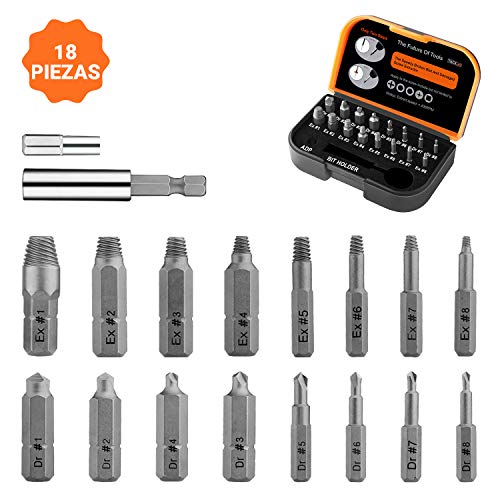 TACKLIFE 18PCS Extractor de Tornillos, Brazo Extensor para Broca Magnetizado y Adaptador para Tornillos y Pernos Dañados Desde 2mm hasta 12mm, Dureza 62HRC, DSE01