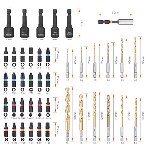 TACKLIFE 42 Piezas Juegos de Puntas, DNS02 12 * Broca Helicoidal, 5 * Llave de Vasos, 24 * Puntas, 1 * Portapunta Magnética, para atornillador y taladro