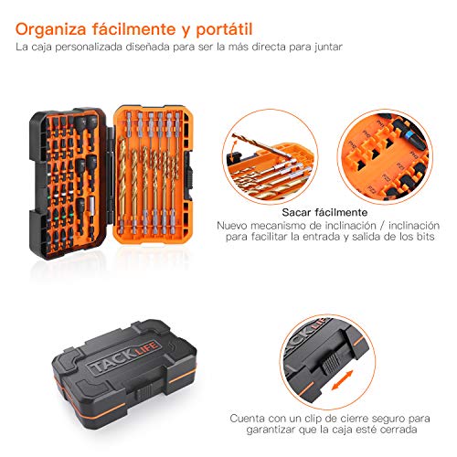 TACKLIFE 42 Piezas Juegos de Puntas, DNS02 12 * Broca Helicoidal, 5 * Llave de Vasos, 24 * Puntas, 1 * Portapunta Magnética, para atornillador y taladro