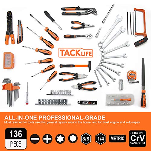 TACKLIFE Cajas de Herramientas de Aluminio,136Pcs Multifuncional Juego de Herramientas de Mano,Juego de Destornilladores de Precisión, Martillo, Alicates-HHK4B