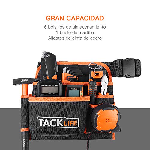 TACKLIFE Cinturón para Herramientas, Profesionales, Tela Impermeable, Tejido de Tres Capas, Costura de Cifrado, Con Tira Fluorescente, Acomodar los Martillos, Alicates, Cuchillos, Llaves, etc - PTB01