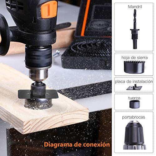 TACKLIFE Juego de Brocas Cajas - DDB02, Profesional 110 Piezas Juego de Puntas + Sierras Perforadoras, Adecuado para Madera, Metal, Plástico, Superficie de Piedra