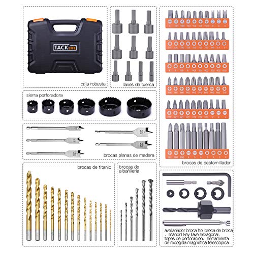 TACKLIFE Juego de Brocas Cajas - DDB02, Profesional 110 Piezas Juego de Puntas + Sierras Perforadoras, Adecuado para Madera, Metal, Plástico, Superficie de Piedra
