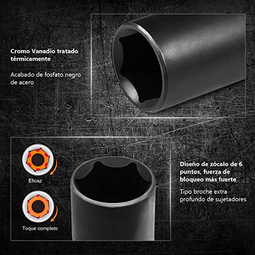 TACKLIFE Juego de Llaves de Vaso de Impacto Profundo de 1/2 de Pulgada Profesionales, 18 Piezas, Vaso de Impacto, Máximo 6 Puntos torque, de Cromo Vanadio Adecuado, para Maquinaria Grande - HIS1A