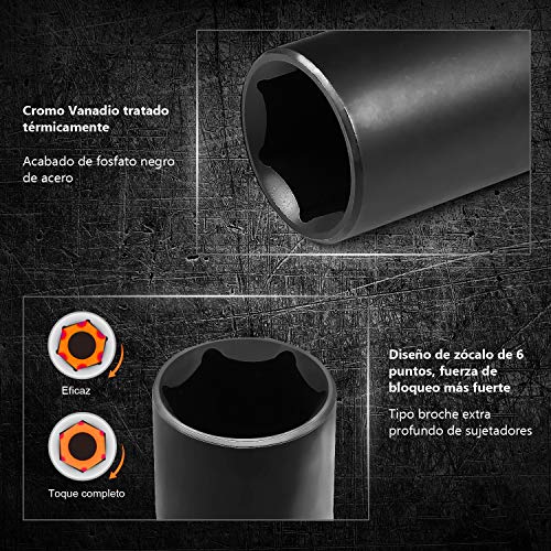 TACKLIFE Juego de Llaves de Vaso de Impacto Profundo de 1/2 de Pulgada Profesionales, 18 Piezas, Vaso de Impacto, Máximo 6 Puntos torque, de Cromo Vanadio Adecuado, para Maquinaria Grande - HIS1A