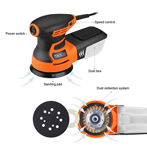 TACKLIFE Lijadora Orbital 350W con 6 Velocidades 6000-13000RPM, Lijadora eléctrica con 12 Lijas de 125mm (80, 180 Granos), Caja de Recogida de Polvo Cable de 3 Metros PRS01A