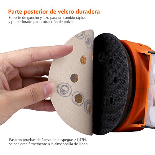 TACKLIFE Papel de Lija de 100 Piezas 60, 80, 120, 150, 240 Granos Surtidos 125mm ASD04C Papeles de Lija Abrasivos con 8 Agujeros, Velcro Durable para Lijadora Excéntrica, Seco, Cambio Rápido