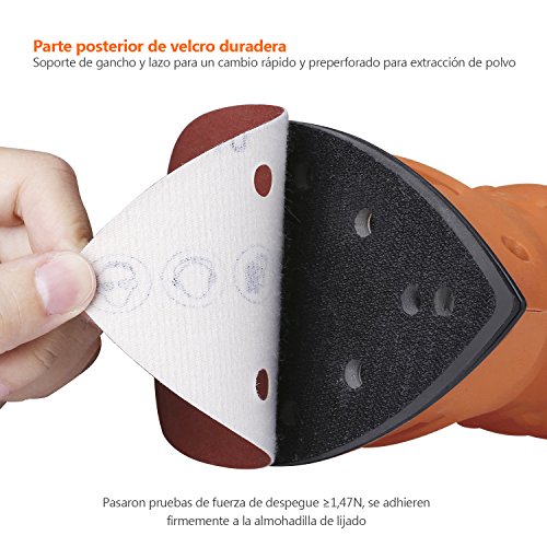 TACKLIFE Papeles de Lija de 40 Piezas 40, 80, 120, 240 Granos Surtidos 140x140x100mm ASD01C Papeles de Lija Abrasivos con 5 Agujeros, Velcro Durable para Lijadora de 140mm, Seco, Cambio Rápido