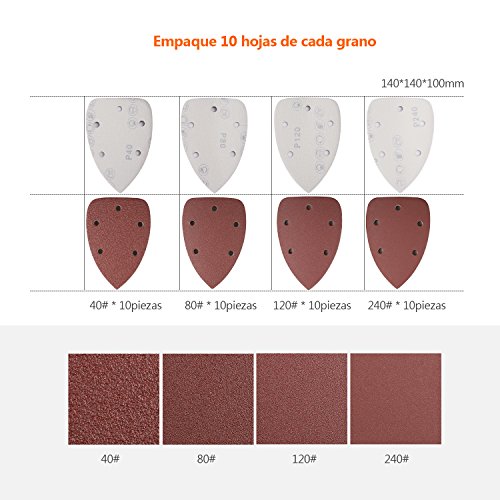 TACKLIFE Papeles de Lija de 40 Piezas 40, 80, 120, 240 Granos Surtidos 140x140x100mm ASD01C Papeles de Lija Abrasivos con 5 Agujeros, Velcro Durable para Lijadora de 140mm, Seco, Cambio Rápido