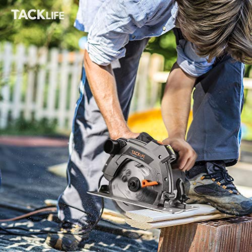 TACKLIFE Sierra Circular 1500W 4700RPM, Avanzado Motor de Cobre Puro, Sierra Compacta con Base de Aluminio, Guía Laser, Corte 63mm (90º), 45mm (45º), 24T 40T Hoja, Cortar Madera y Metal etc -PES03A