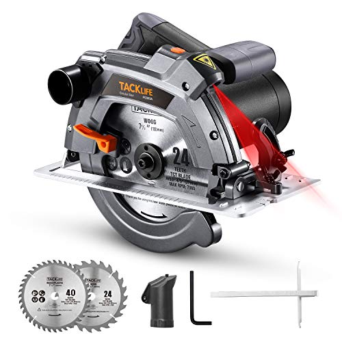 TACKLIFE Sierra Circular 1500W 4700RPM, Avanzado Motor de Cobre Puro, Sierra Compacta con Base de Aluminio, Guía Laser, Corte 63mm (90º), 45mm (45º), 24T 40T Hoja, Cortar Madera y Metal etc -PES03A