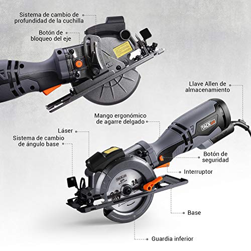 TACKLIFE Sierra Circular 710 W 3500r Mini Sierra Circular, Mango Metálico, 6 Hojas (120 mm y 115 mm), Profundidad de Corte: 90 ° (43mm), 45 ° (35mm), Cortar Madera, Metal Blando y Azulejos