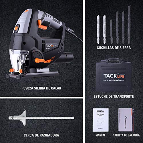 TACKLIFE Sierra de calar 800W, 3000 SPM, Láser & LED, 6 Velocidad Variable, Corte inclinado ± 45 °, 6 Cuchillas & Maletín - PJS02A